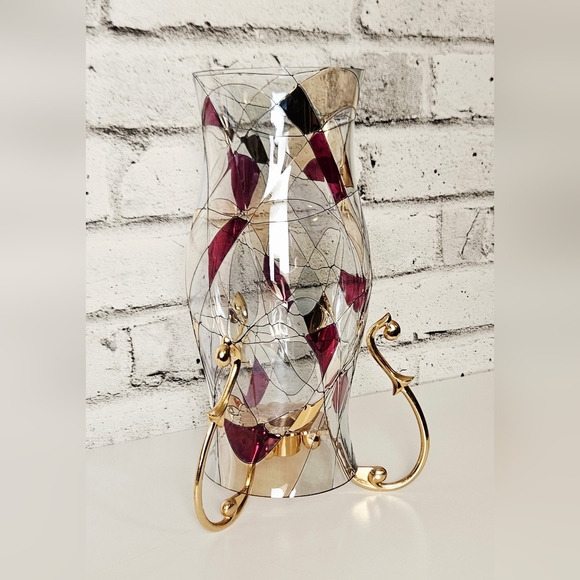 PartyLite Gold Hurricane Candle Holder & Art Glass Shade Abstract Swirl - Picture 2 of 13